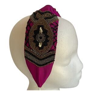 Mexican Beaded Padded Headband Fuchsia Turban Style Boho Embroidered NWT